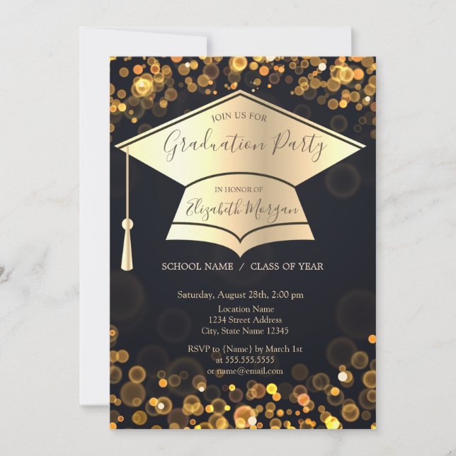 Invitation Gold Graduation Cap Bokeh Dark Graduation (Devant)