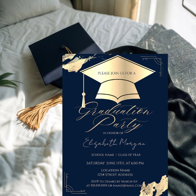 Invitation Gold Graduation Cap Frame Gold Brush Stroke Blue (Créateur téléchargé)