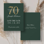Invitation Gold Green 70th Birthday Enregistrer la date<br><div class="desc">Design élégant "70th Birthday Party" avec un script de typographie formel,  nom personnalisé et texte détaillé. Facile à utiliser et facile à personnaliser. Commandez aujourd'hui !</div>