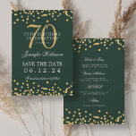Invitation Gold Green 70th Birthday Enregistrer la date Détai<br><div class="desc">Elégant design "70th Birthday Party" avec faux confettis de parties scintillant & détails texte. Facile à utiliser et facile à personnaliser. Commandez aujourd'hui !</div>
