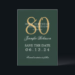 Invitation Gold Green 80th Birthday Enregistrer la date Détai<br><div class="desc">Design élégant "80th Birthday Party" avec un script de typographie formel,  nom personnalisé et texte de détails. Facile à utiliser et facile à personnaliser. Commandez aujourd'hui !</div>