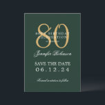 Invitation Gold Green 80th Birthday Enregistrer la date Détai<br><div class="desc">Design élégant "80th Birthday Party" avec un script de typographie formel,  nom personnalisé et texte de détails. Facile à utiliser et facile à personnaliser. Commandez aujourd'hui !</div>