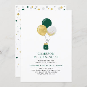 Invitation Gold & Green Balloons Moderne Adulte fête d'annive