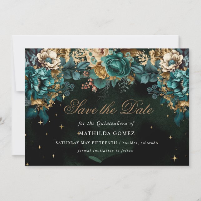 Invitation Gold Green Celestial Quinceañera Enregistrer la da (Devant)