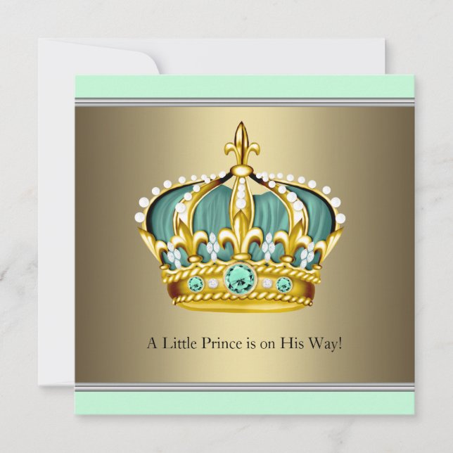 Invitation Gold Green Crown Prince Bébé Garçon Douche (Devant)