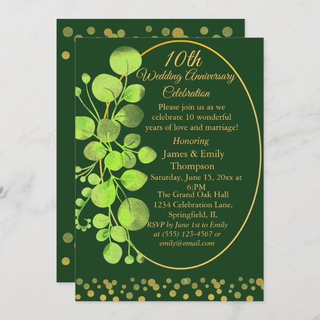 Invitation Gold & Green Eucalyptus 10e anniversaire de Mariag (Devant / Derrière)
