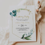 Invitation Gold & Green Eucalyptus 50E Anniversaire<br><div class="desc">Cette invitation à la fête du 50e anniversaire de l'eucalyptus vert et or est parfaite pour une fête d'anniversaire. Le design se compose de feuilles et de fleurs peints à la main en aquarelle vert,  or et bleu,  soigneusement arrangés en bouquets et cadres géométriques élégants.</div>