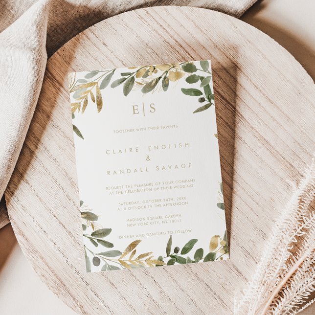 Invitation Gold Green Fall Nom Mariage initial (Créateur téléchargé)