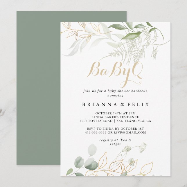 Invitation Gold Green Foliage BabyQ Baby shower Barbecue (Devant / Derrière)