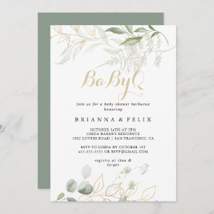 Invitation Gold Green Foliage BabyQ Baby shower Barbecue