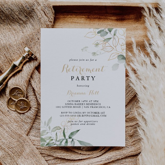 Invitation Gold Green Foliage Calligraphie Parti de retraite (Créateur téléchargé)