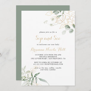 Invitation Gold Green Foligraphy Sip and See