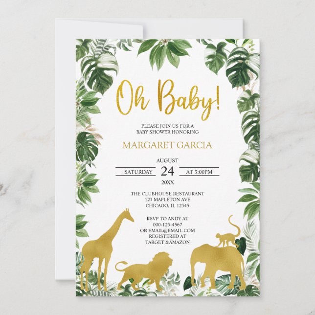 Invitation  Gold Green Jungle Safari Animaux Baby shower (Devant)