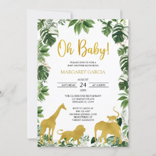 Invitation Gold Green Jungle Safari Animaux Baby shower