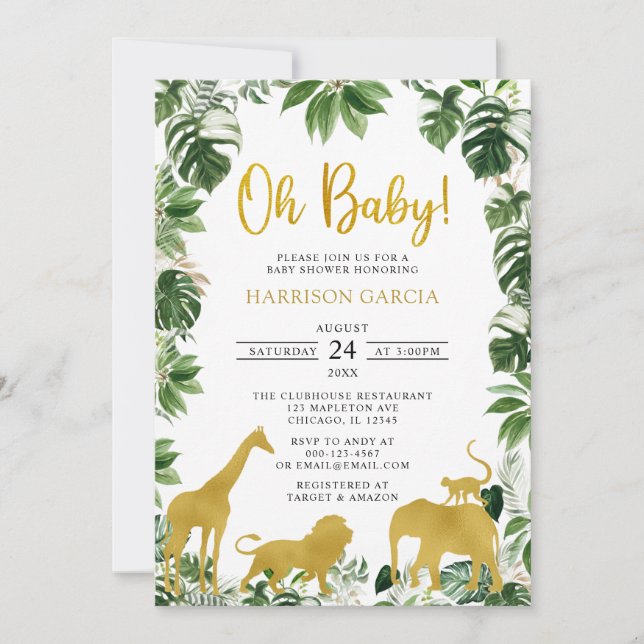 Invitation Gold Green Jungle Safari Animaux Baby shower (Devant)