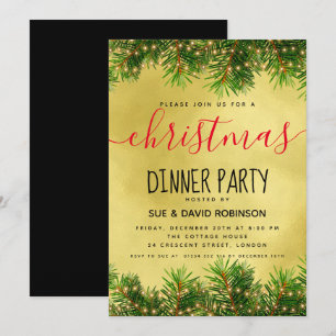 Invitation Gold Green Lights Dîner de Noël
