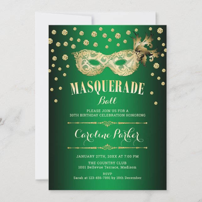 Invitation Gold Green Masquerade Ball fête d'anniversaire (Devant)