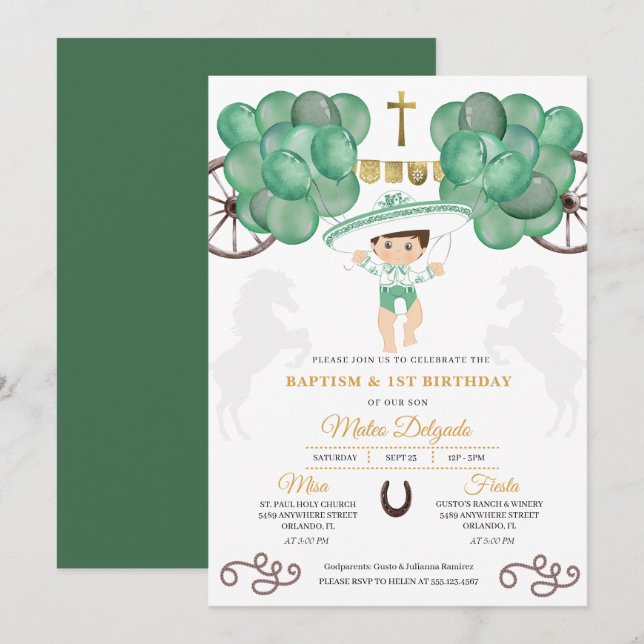 Invitation Gold & Green Mexicain Baby Boy Charro Baptême (Devant / Derrière)