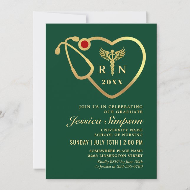Invitation Gold Green Modern Nursing School Graduation Party (Devant)