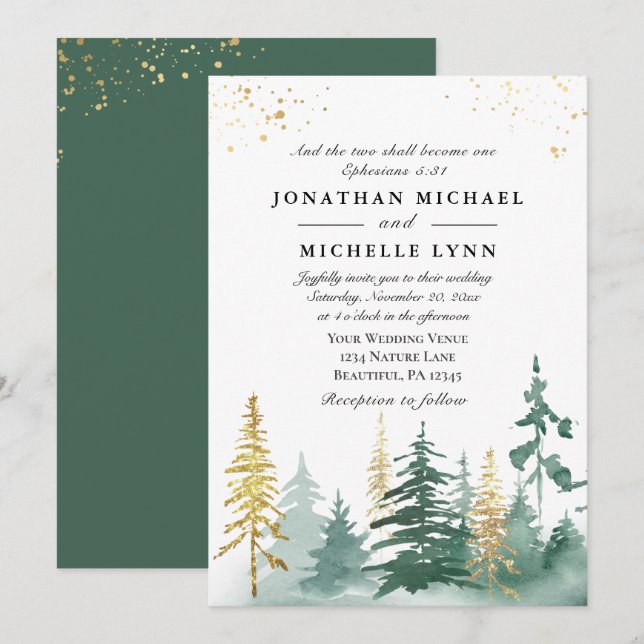 Invitation Gold Green Pine Forest Trees Mariage chrétien (Devant / Derrière)