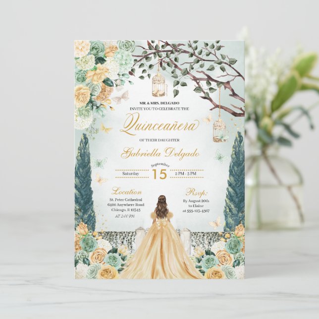 Invitation Gold Green Princesse enchantée Jardin Quinceanera (Debout devant)