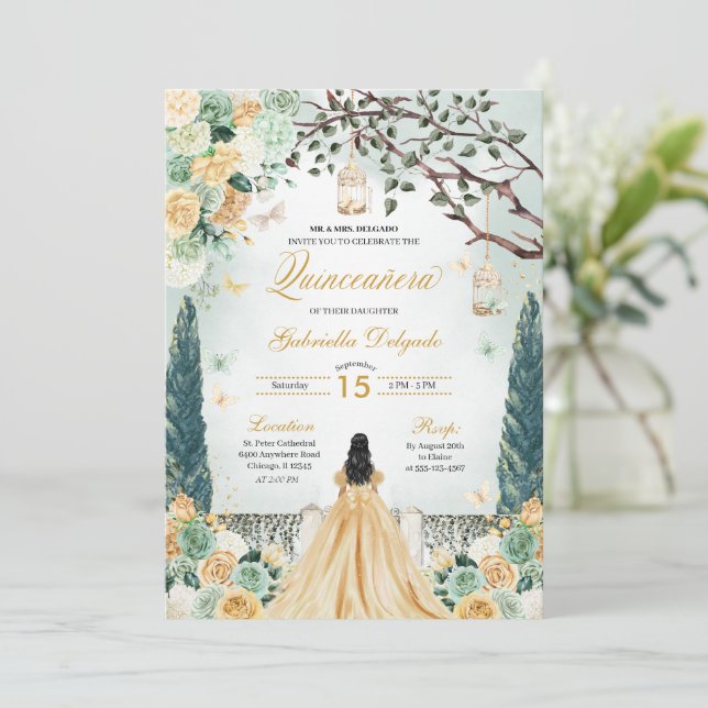 Invitation Gold Green Princesse enchantée Jardin Quinceanera (Debout devant)