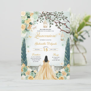 Invitation Gold Green Princesse enchantée Jardin Quinceanera