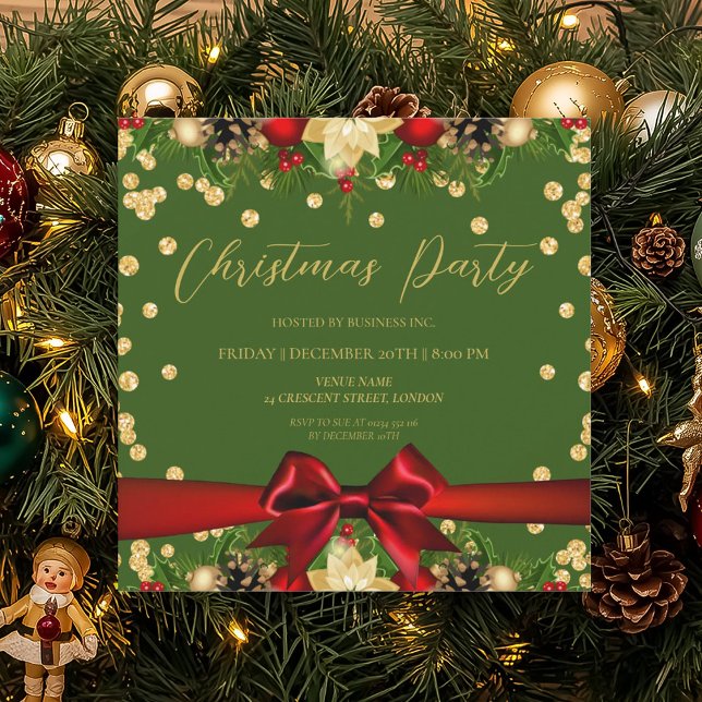 Invitation Gold Green Ribbon Parties scintillant Noël Entrepr (Gold Green Ribbon Glitter Christmas Corporate Invitation)