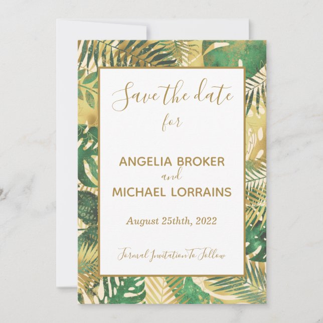 Invitation Gold Green Tropical Feuilles Enregistrer le Mariag (Devant)