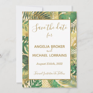 Invitation Gold Green Tropical Feuilles Enregistrer le Mariag