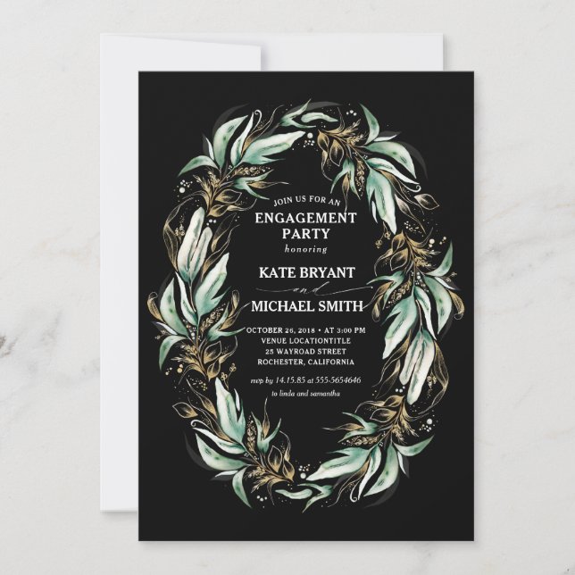 Invitation Gold Green Wreath Black Modern Engagement Party (Devant)