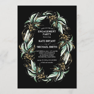 Invitation Gold Green Wreath Black Modern Engagement Party