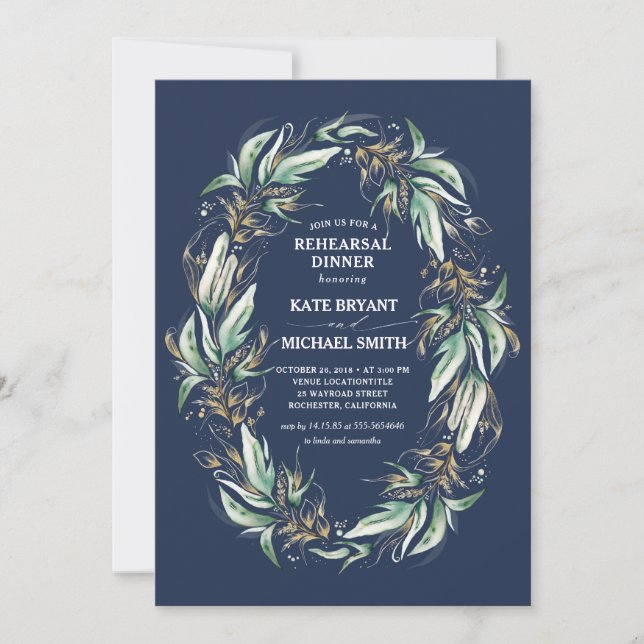 Invitation Gold Green Wreath Navy Blue Rehearsal Dîner (Devant)
