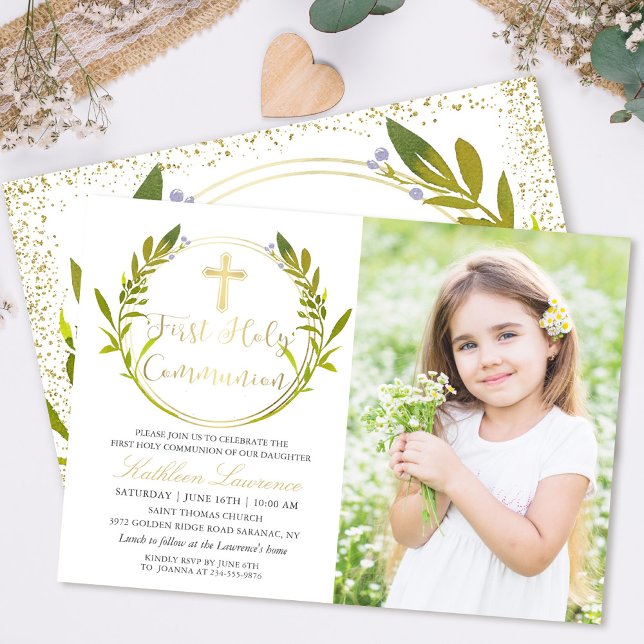 Invitation Gold Green Wreath Première Sainte Communion Photo (Créateur téléchargé)