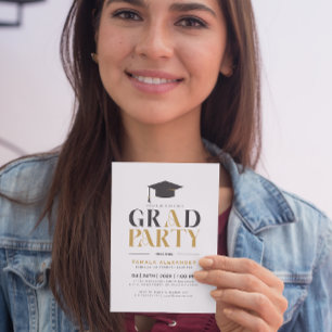 Invitation Gold Grey Grad Party Typographie rétro sur blanc