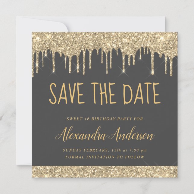 Invitation Gold Grey Parties scintillant moderne Sweet 16 Enr (Devant)