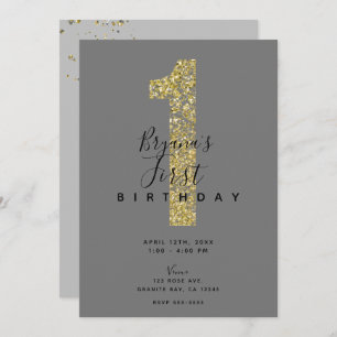 Invitation Gold gris minimum 1 Parties scintillant 1er annive