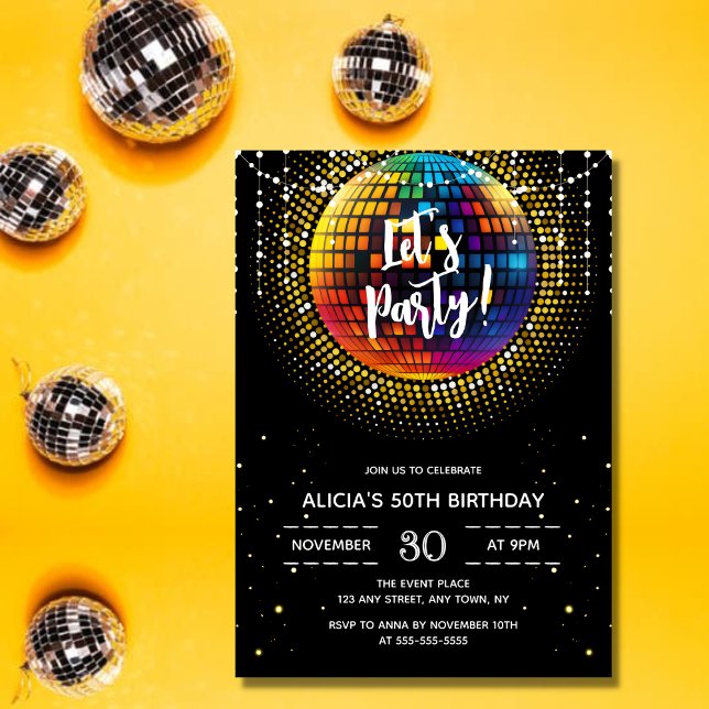 Invitation Gold Halftone Disco Ball Faisons la fête Anniversa (Créateur téléchargé)