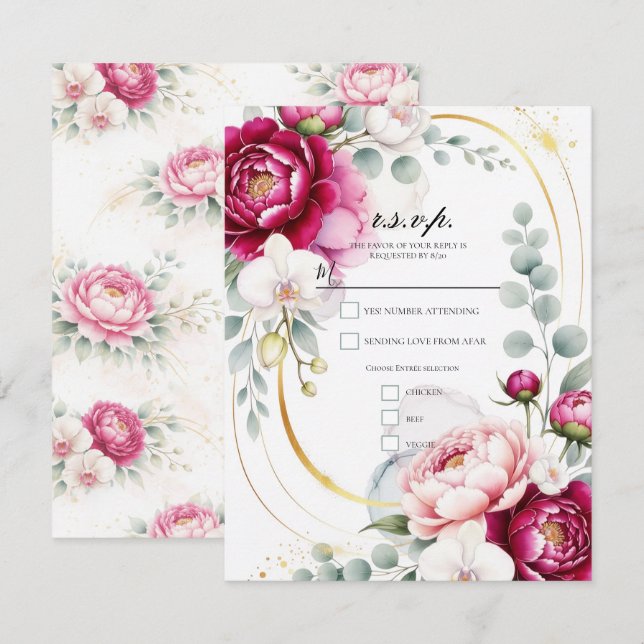 Invitation Gold Halo Garden Peonies & Orchids Floral Wedding  (Devant / Derrière)