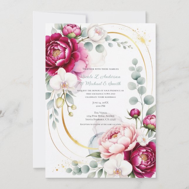 Invitation Gold Halo Garden Peonies & Orchids Floral Wedding  (Devant)