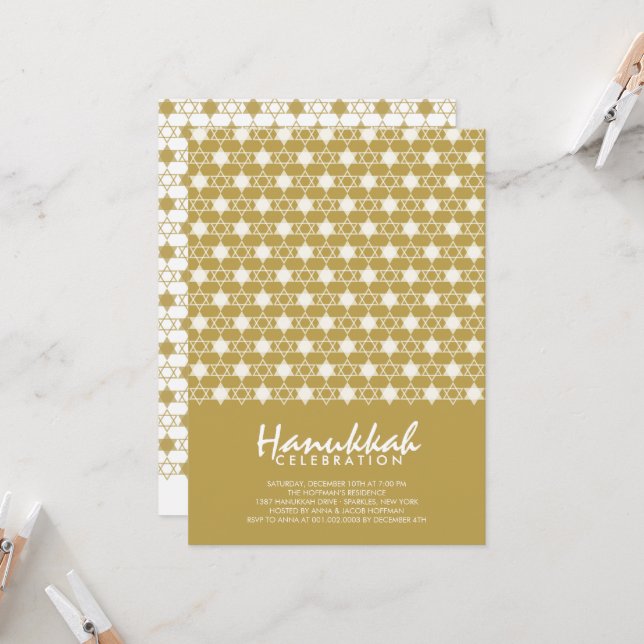 Invitation Gold Hanoukka Étoiles De David Motif Fête De Vacan (Devant/Arrière en situation)