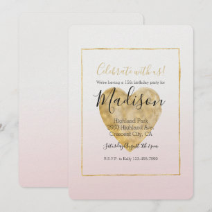 Invitation Gold Heart Blush Pink Ombre Anniversaire