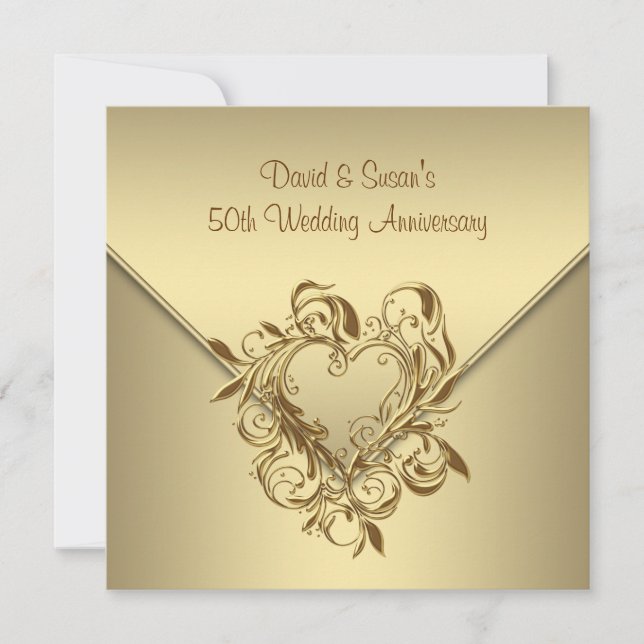 Invitation Gold Heart Elegant Gold 50e anniversaire Mariage (Devant)