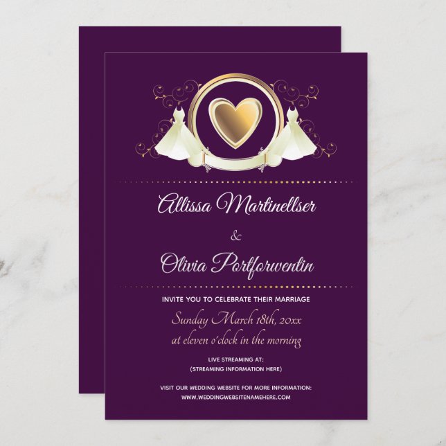 Invitation Gold Heart Femme violet Mariage virtuel (Devant / Derrière)