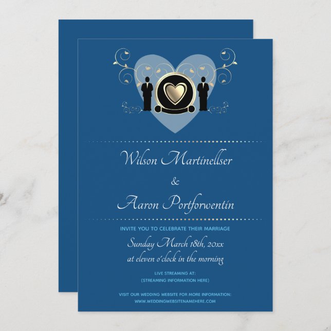 Invitation Gold Heart Homme Classic Blue Mariage virtuel (Devant / Derrière)