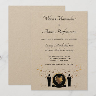 Invitation Gold Heart Homme Mariage Kraft Papier LGBTQ