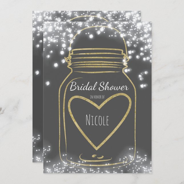 Invitation Gold Heart Mason Jar & Sparkle Lights N'IMPORTE QU (Devant / Derrière)