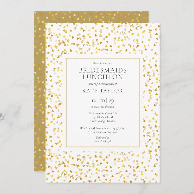 Invitation Gold Hearts Confetti Bridesmaids Déjeuner (Devant / Derrière)