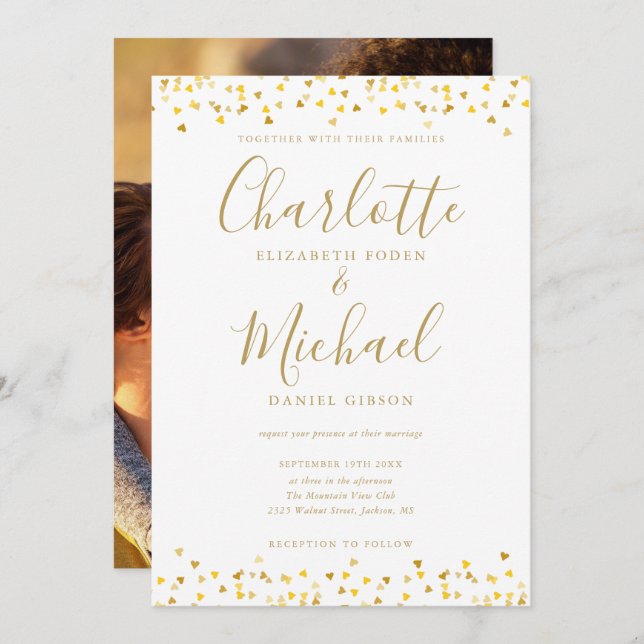 Invitation Gold Hearts Confetti Élégant Script Mariage photo (Devant / Derrière)
