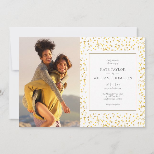 Invitation Gold Hearts Confetti Photos Mariage (Devant)